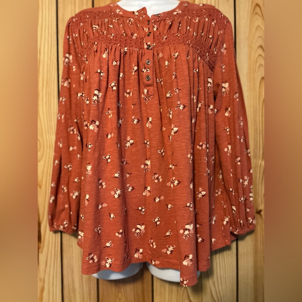 Lucky Brand Top Women’s Size M Long Sleeve Peasant Cottage Boho Cotton Floral